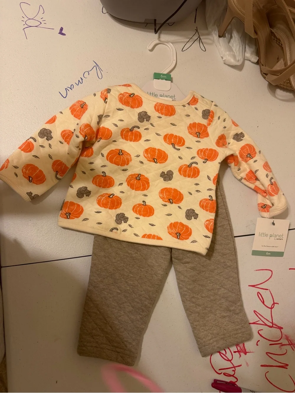 Carter's Cream Pumpkin Print Top with Tan Quilted Pants